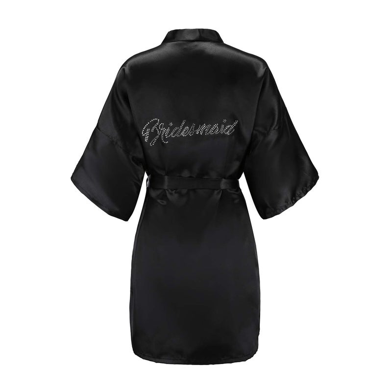 EPLAZA Women's One Size Silver Rhinestones Bride Bridesmaid Short Satin Robes for Wedding Party Getting Ready (Black, Bridesmaid) - Image 1